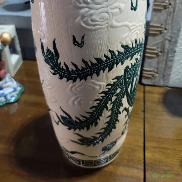 Tall Vintage Oriental Vase with Green Dragon and Peacock